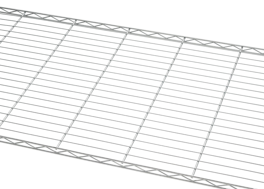 A close-up photograph displays a portion of a chrome wire shelf, featuring a series of thin parallel wires supported by a zigzagging metal frame along the edge. The chrome wire shelf is shown against a plain white background.