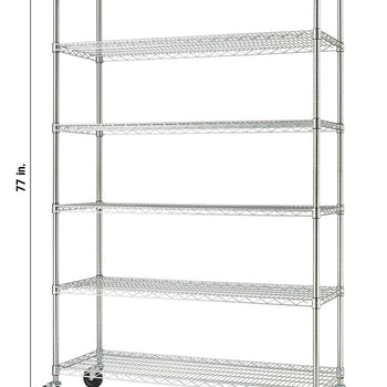 An empty six-tier chrome wire shelving unit on black caster wheels, isolated against a solid white background. Black dimension lines and text are overlaid on the image to indicate its measurements, showing a height of 77 inches, a width of 48 inches, and a depth of 18 inches.