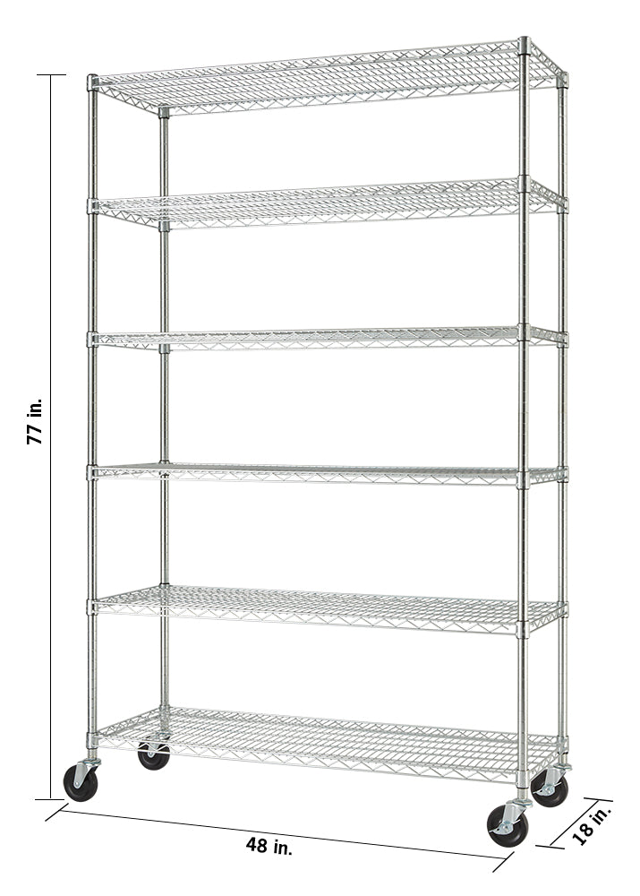 An empty six-tier chrome wire shelving unit on black caster wheels, isolated against a solid white background. Black dimension lines and text are overlaid on the image to indicate its measurements, showing a height of 77 inches, a width of 48 inches, and a depth of 18 inches.