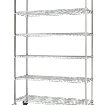 An empty six-tier chrome wire shelving unit standing vertically against a solid white background. The mobile shelving structure is equipped with four black caster wheels at its base for easy transportation.