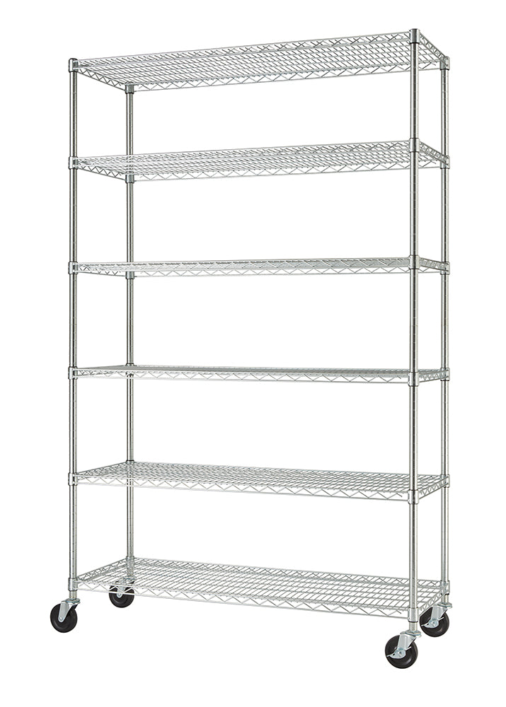An empty six-tier chrome wire shelving unit standing vertically against a solid white background. The mobile shelving structure is equipped with four black caster wheels at its base for easy transportation.