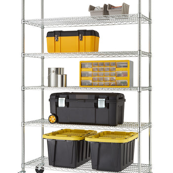 A six-tier chrome wire shelving unit equipped with caster wheels and isolated against a white background. The shelves are organized with various workshop storage containers, including black and yellow toolboxes, storage bins with yellow lids, paint cans, and a small-parts organizer.