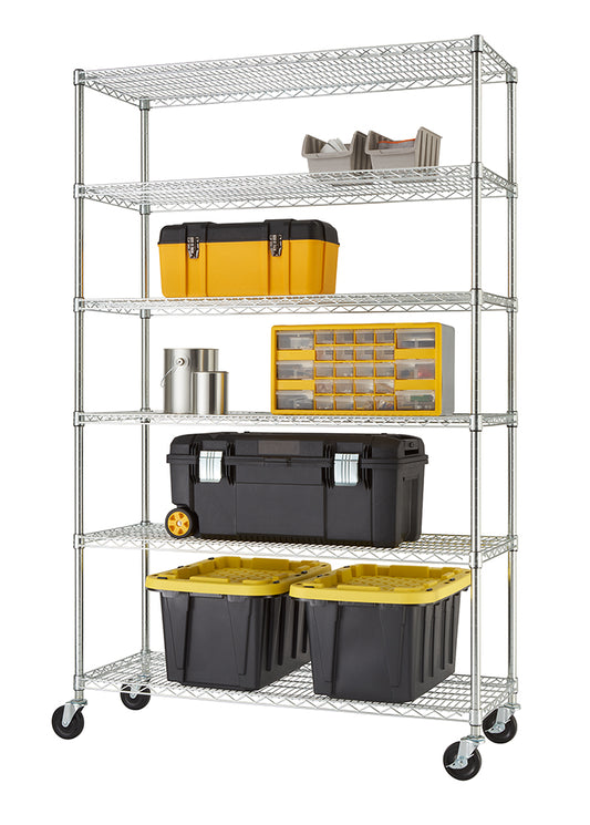 A six-tier chrome wire shelving unit equipped with caster wheels and isolated against a white background. The shelves are organized with various workshop storage containers, including black and yellow toolboxes, storage bins with yellow lids, paint cans, and a small-parts organizer.