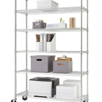 A six-tier chrome wire shelving unit on rolling caster wheels, isolated against a plain white background. The tiers are organized with various office and printing supplies, including a white office printer, stacks of paper, grey fabric storage bins, magazine files, binders, and desktop organizers.