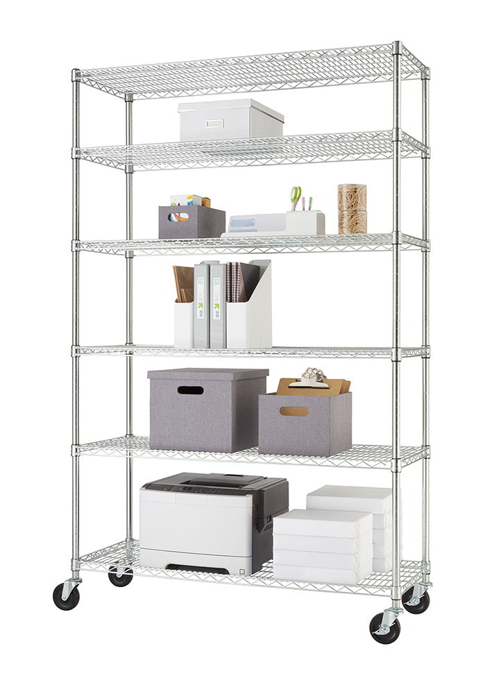 A six-tier chrome wire shelving unit on rolling caster wheels, isolated against a plain white background. The tiers are organized with various office and printing supplies, including a white office printer, stacks of paper, grey fabric storage bins, magazine files, binders, and desktop organizers.