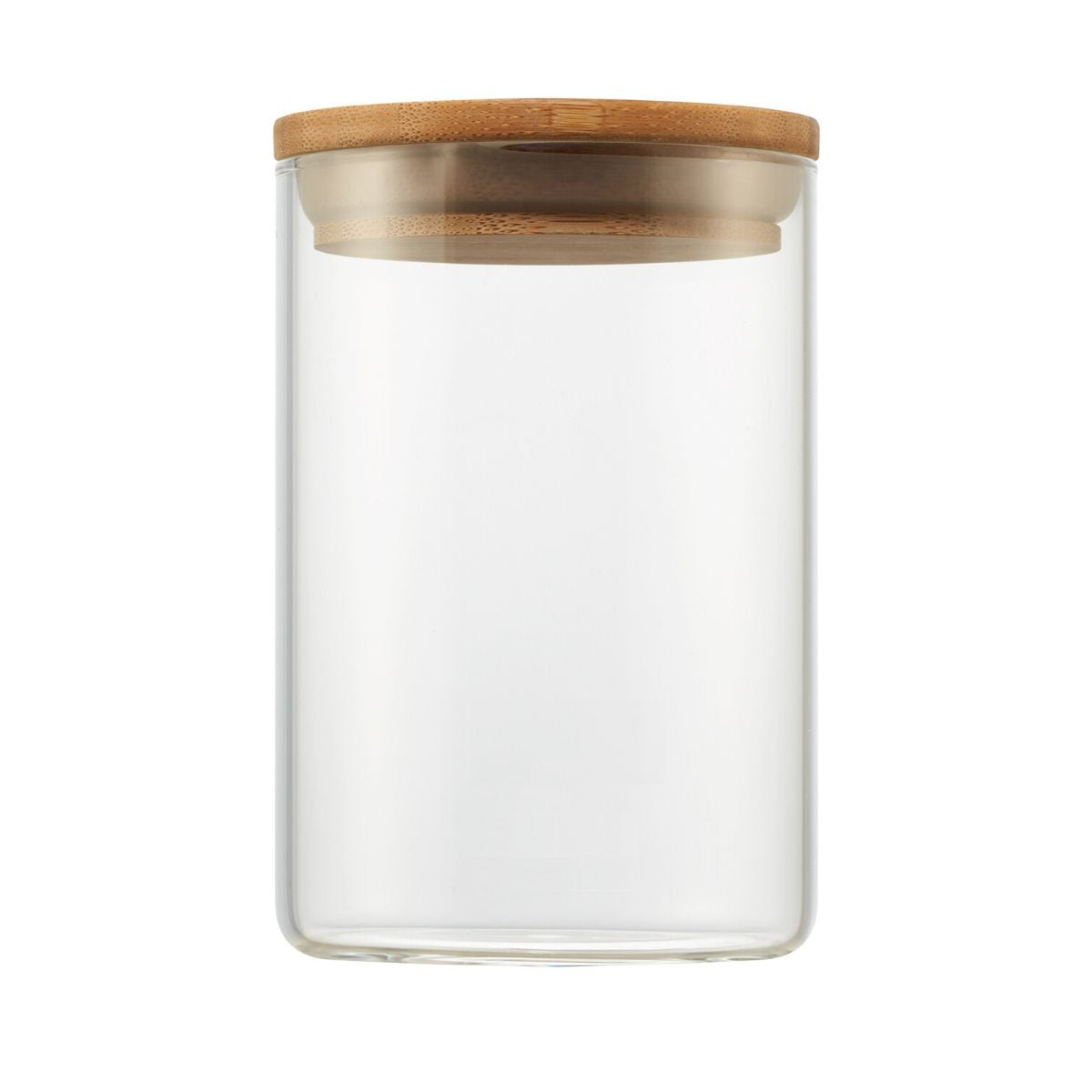 A clear glass medium canister with a cylindrical shape is shown. It is topped with a round, light brown wooden lid.