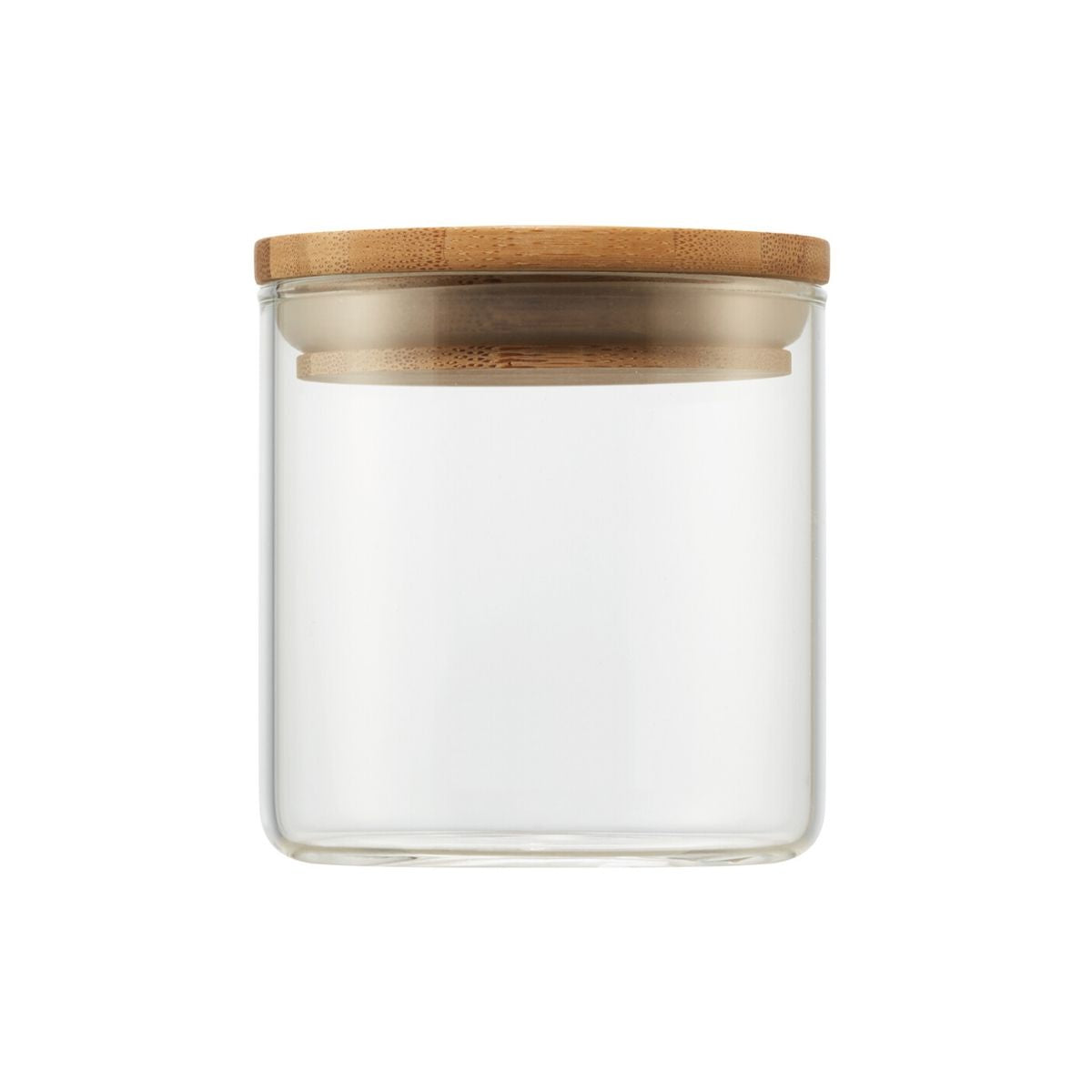 A clear, small cylindrical glass jar is shown with a round, light brown wooden lid resting on top. The minimalist design highlights the transparency of the glass and the natural texture of the bamboo lid.