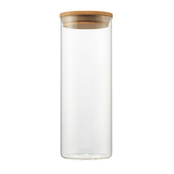 A tall clear, cylindrical glass canister is shown upright against a white background. It is sealed with a light brown, round bamboo lid.