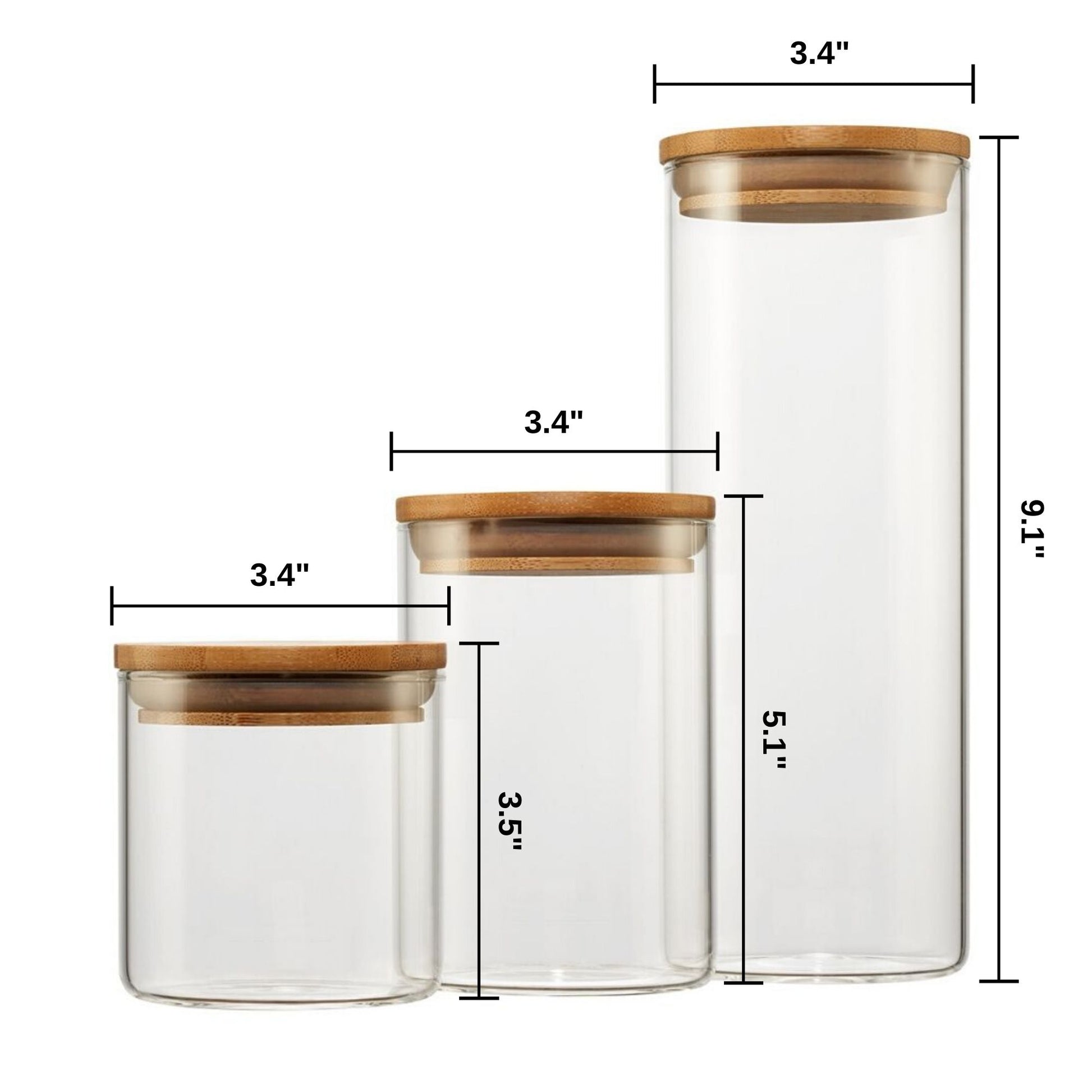 Three clear glass canisters with bamboo lids, arranged in increasing order of height from left to right. Each canister has its dimensions labeled, indicating a consistent diameter of 4.3 inches for all three, and heights of 3.5 inches, 5.1 inches, and 9.1 inches respectively.