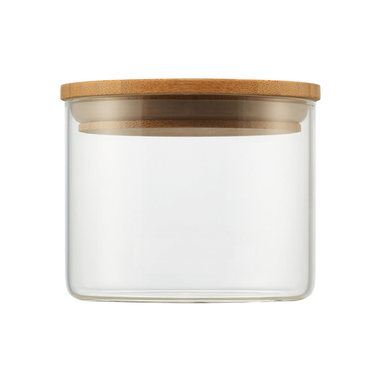 A clear, small cylindrical glass jar is shown with a round, light brown wooden lid resting on top. The minimalist design highlights the transparency of the glass and the natural texture of the bamboo lid.
