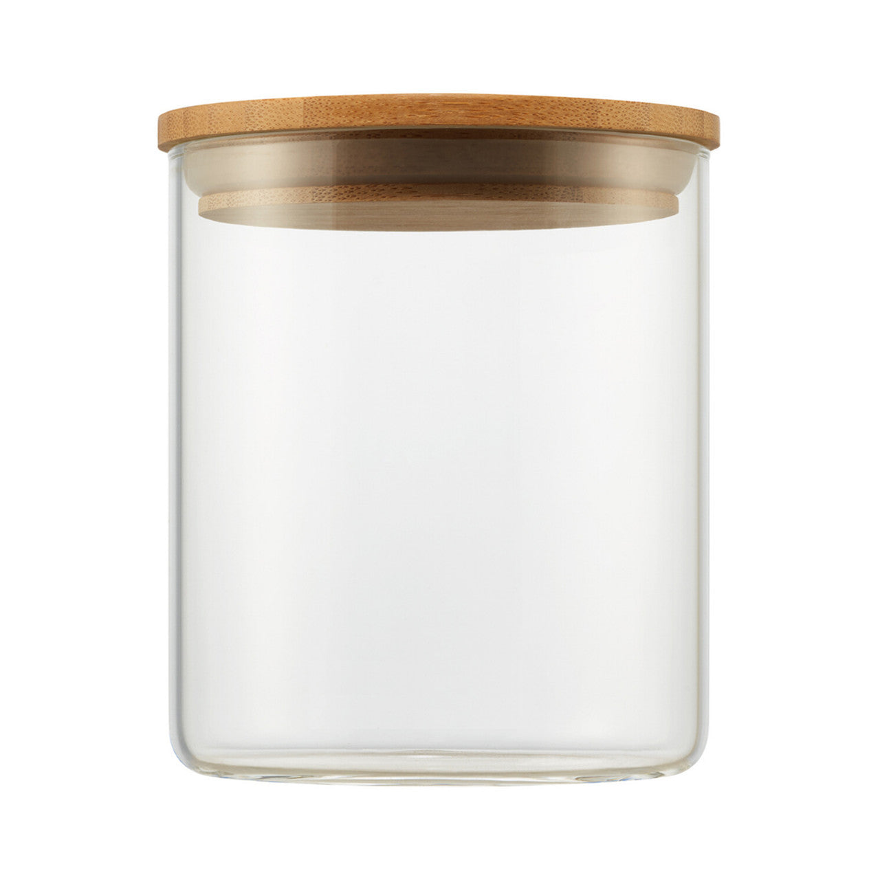 A clear glass medium canister with a cylindrical shape is shown. It is topped with a round, light brown wooden lid.
