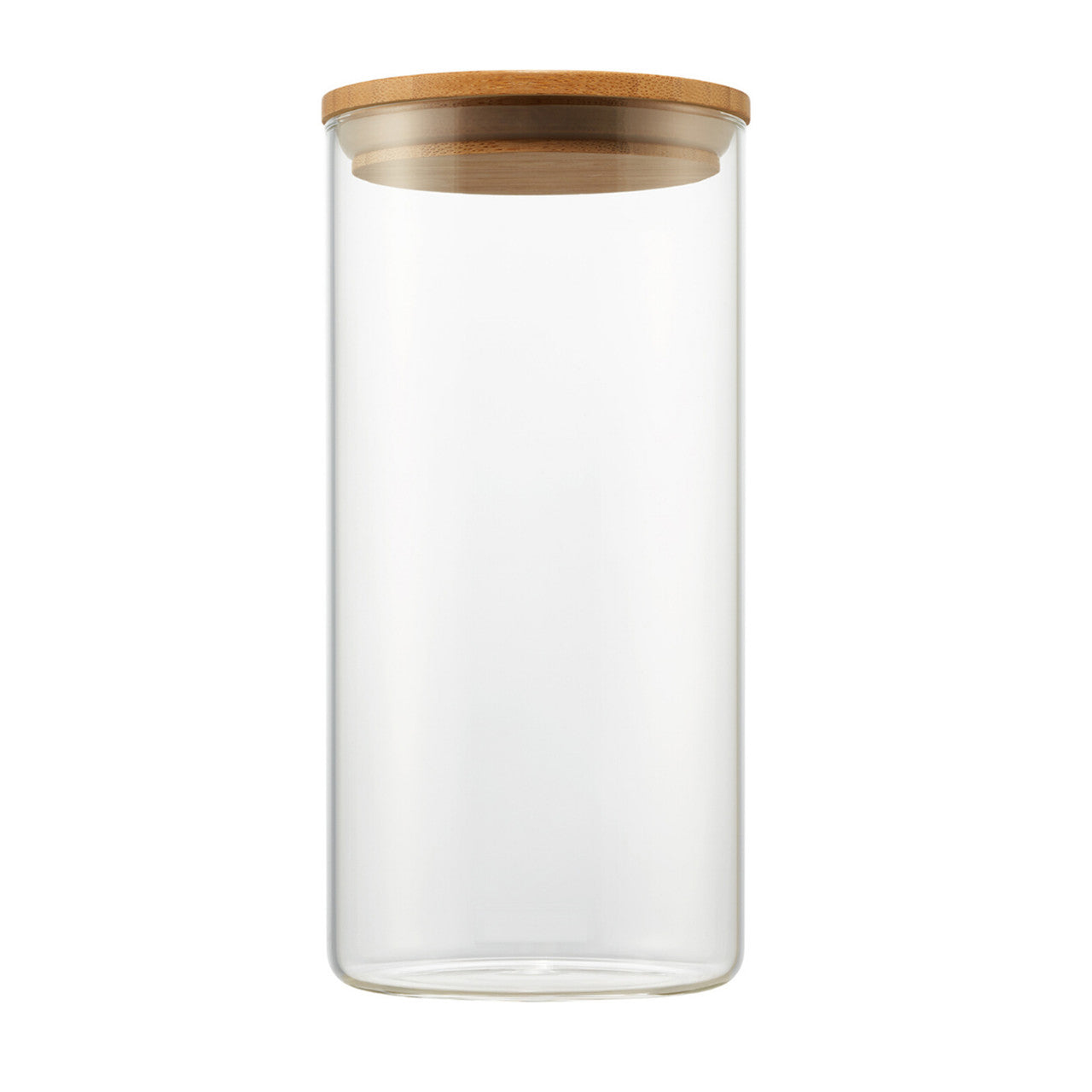 A tall clear, cylindrical glass canister is shown upright against a white background. It is sealed with a light brown, round bamboo lid.