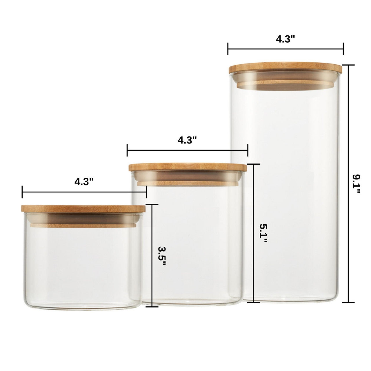 Three clear glass canisters with bamboo lids, arranged in increasing order of height from left to right. Each canister has its dimensions labeled, indicating a consistent diameter of 4.3 inches for all three, and heights of 3.5 inches, 5.1 inches, and 9.1 inches respectively.