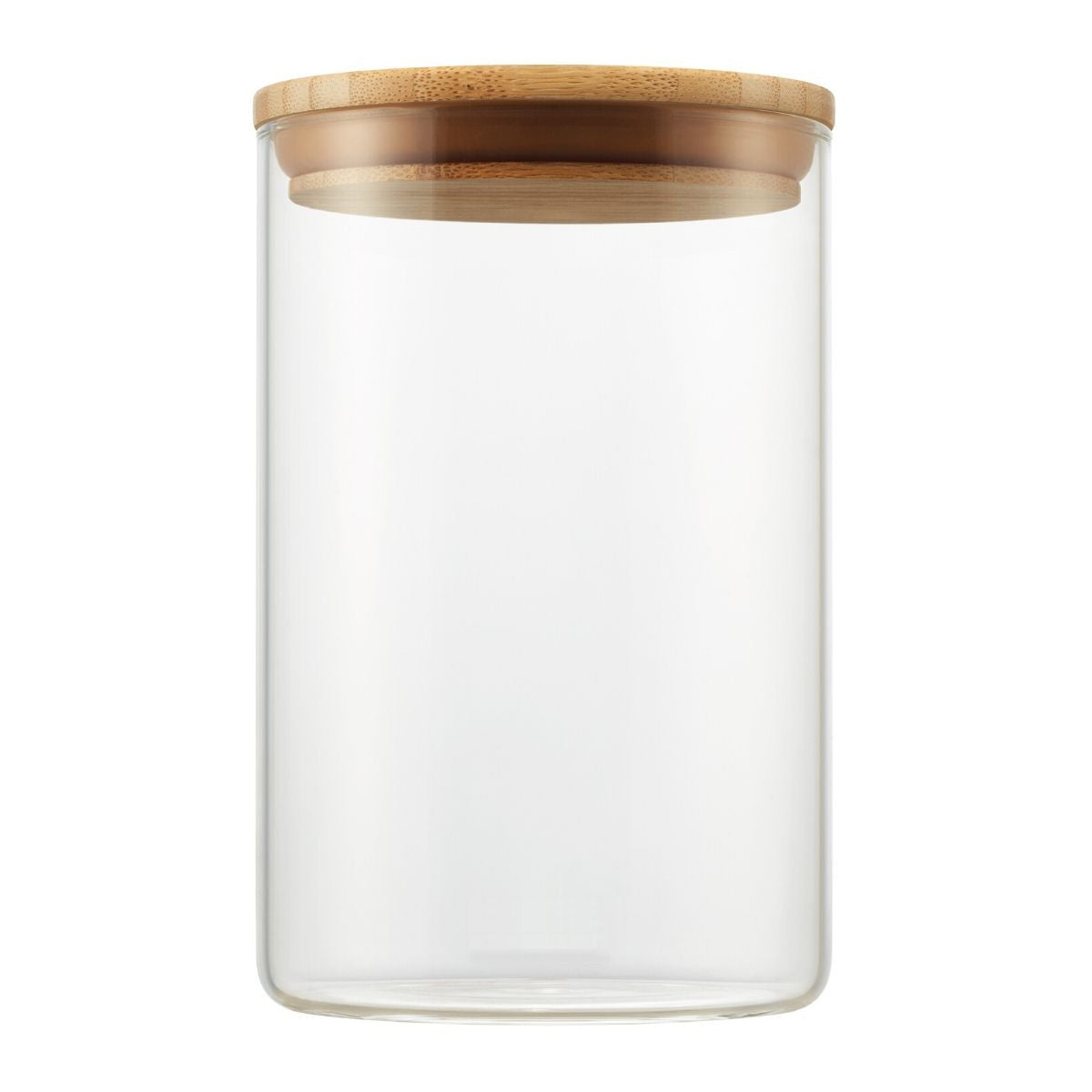 A clear, medium cylindrical glass canister is shown with a round, light brown bamboo lid resting on top. The canister is empty and isolated against a white background.