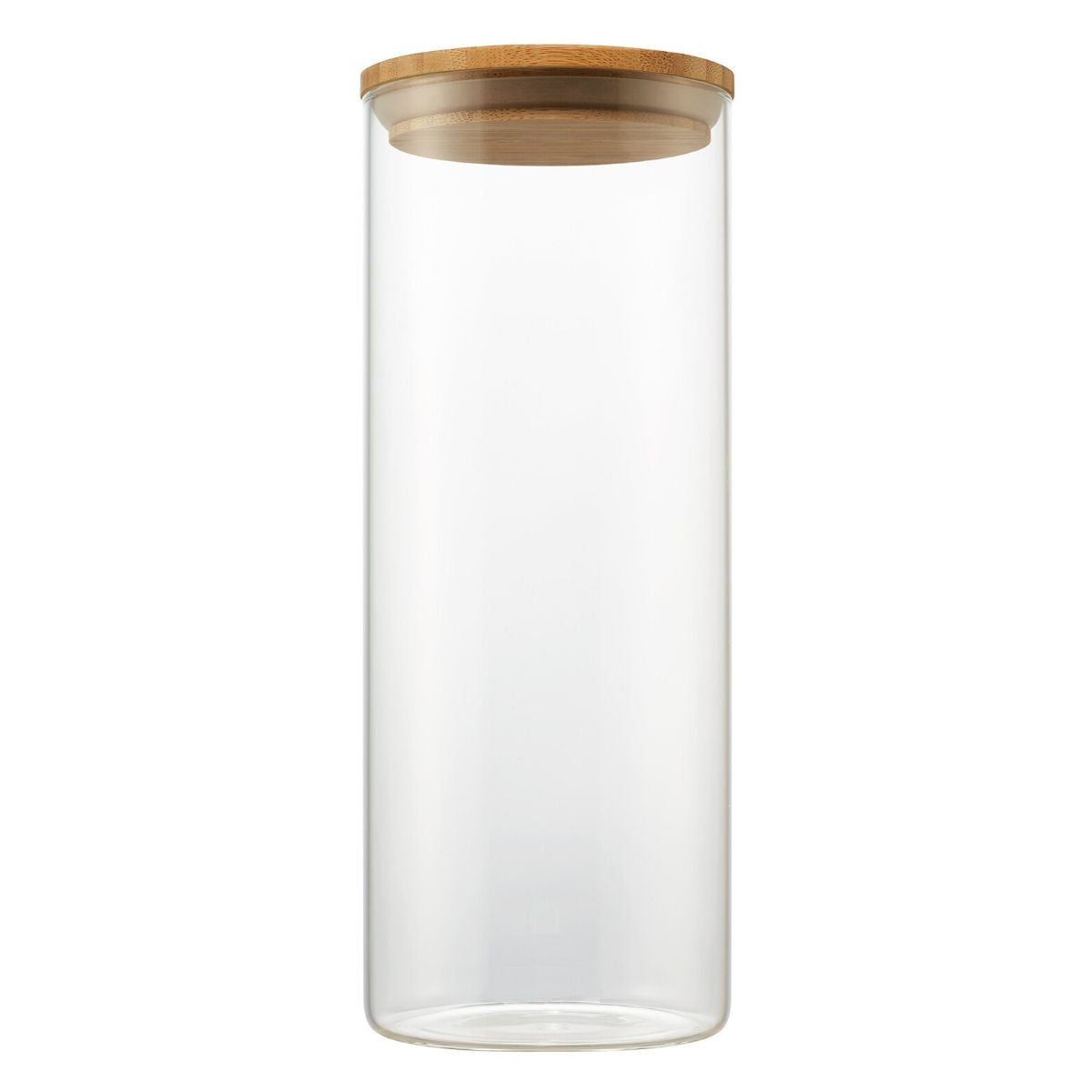 A clear, tall cylindrical glass canister stands upright, sealed with a round, light brown bamboo lid. The canister is empty and isolated against a white background.