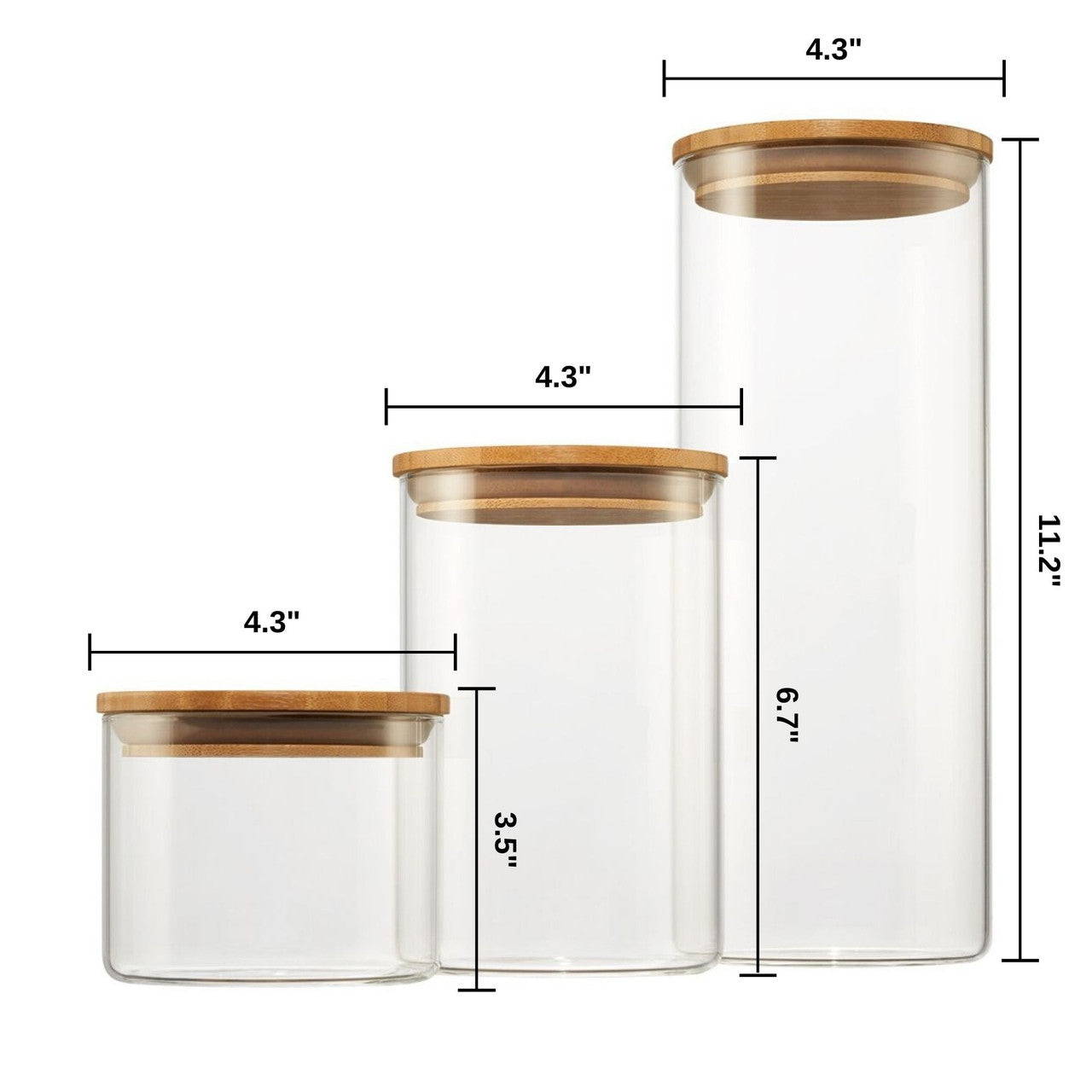 This image displays a set of three clear glass canisters with bamboo lids, each of varying heights. The widths of the lids are all the same at 4.3 inches, while the heights of the canisters are 3.5 inches, 6.7 inches, and 11.2 inches respectively.