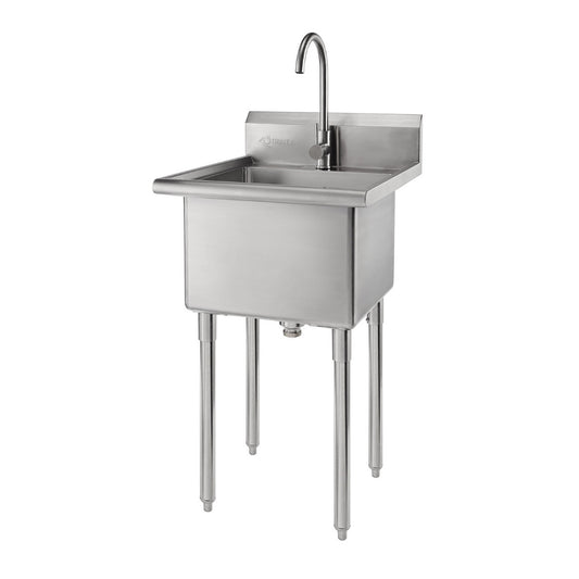 A freestanding single-basin stainless steel utility sink with a gooseneck faucet is shown on a white background. The sink has four tubular legs and a raised backsplash.