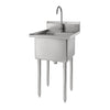 A freestanding single-basin stainless steel utility sink with a gooseneck faucet is shown on a white background. The sink has four tubular legs and a raised backsplash.