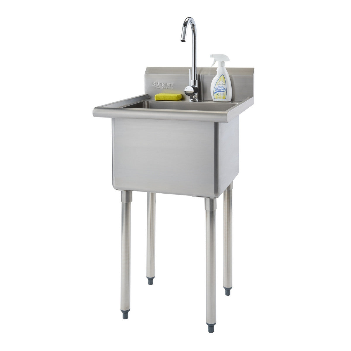 A freestanding stainless steel utility sink with a single bowl, a chrome gooseneck faucet, and four cylindrical legs with gray non-slip feet is shown against a white background. A yellow sponge and a white spray bottle of cleaning solution rest on the sink's backsplash.