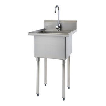 A stainless steel, freestanding single bowl utility sink with a chrome gooseneck faucet is shown against a white background. The sink has a raised backsplash and four cylindrical legs with adjustable leveling feet.
