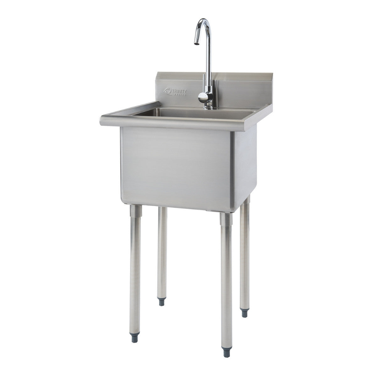 A stainless steel, freestanding single bowl utility sink with a chrome gooseneck faucet is shown against a white background. The sink has a raised backsplash and four cylindrical legs with adjustable leveling feet.