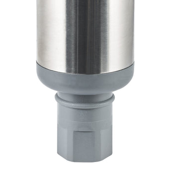 Close-up of the bottom portion of a stainless steel cylindrical object connected to a gray, hexagonal base. A gray, ridged connector piece sits between the stainless steel and the hexagonal base.