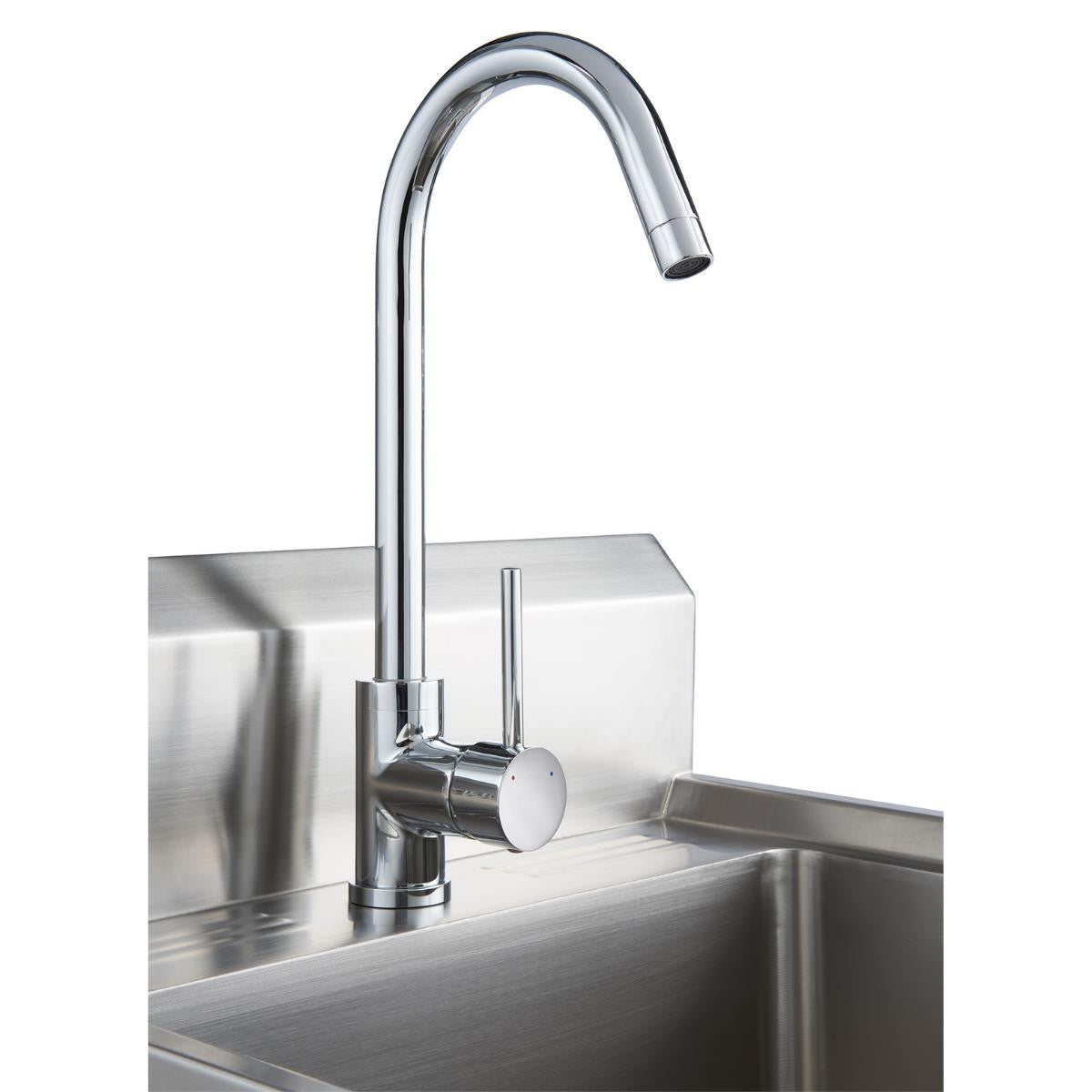 A close-up shows a chrome gooseneck faucet mounted on a stainless steel utility sink. The faucet has a single lever handle and a sleek, modern design.