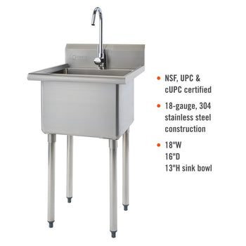 A freestanding stainless steel utility sink with a single bowl and a chrome gooseneck faucet is shown against a white background. To the right, bullet points highlight that it is NSF, UPC, and cUPC certified, made of 18-gauge 304 stainless steel, and has an 18
