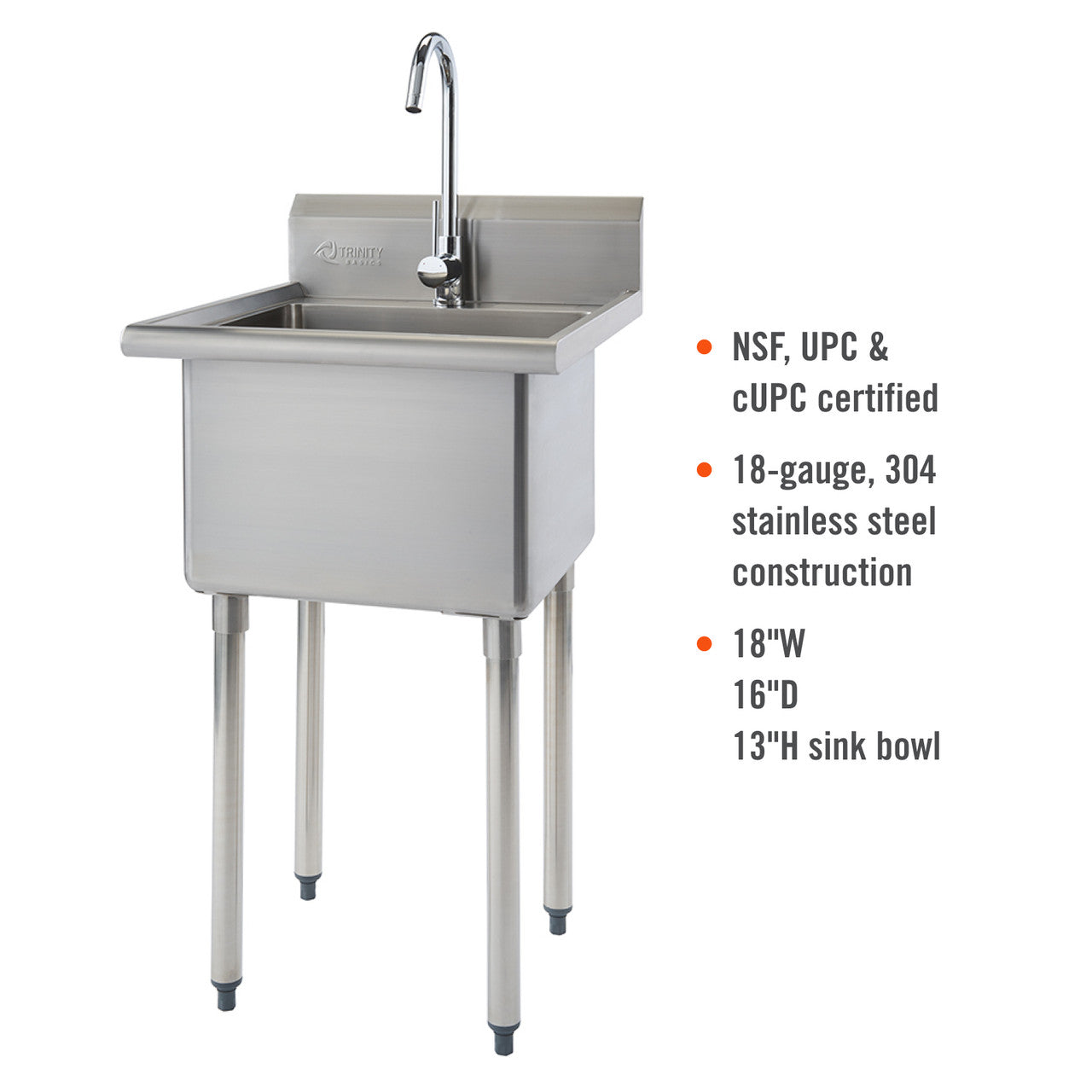 A freestanding stainless steel utility sink with a single bowl and a chrome gooseneck faucet is shown against a white background. To the right, bullet points highlight that it is NSF, UPC, and cUPC certified, made of 18-gauge 304 stainless steel, and has an 18"W x 16"D x 13"H sink bowl.