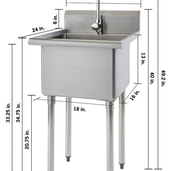 A stainless steel single-bowl utility sink with a faucet is shown with various dimensions labeled with arrows and text in inches. The sink has a backsplash and stands on four cylindrical legs.