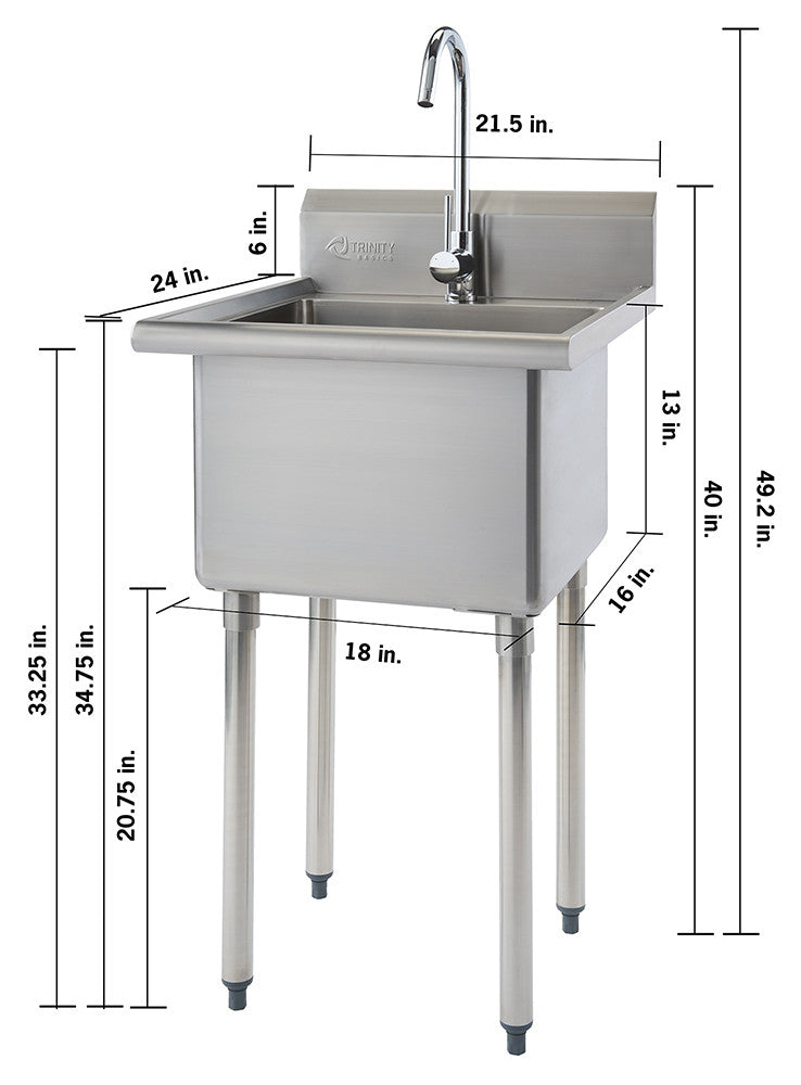 A stainless steel single-bowl utility sink with a faucet is shown with various dimensions labeled with arrows and text in inches. The sink has a backsplash and stands on four cylindrical legs.