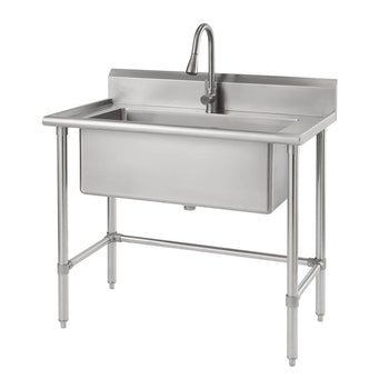 A stainless steel utility sink with a gooseneck faucet stands on four tubular legs. The sink has a single basin and a raised backsplash.
