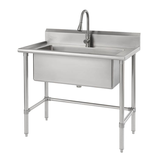 A stainless steel utility sink with a gooseneck faucet stands on four tubular legs. The sink has a single basin and a raised backsplash.