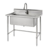 A stainless steel utility sink with a gooseneck faucet stands on four tubular legs. The sink has a single basin and a raised backsplash.