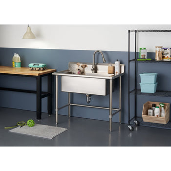A stainless steel utility sink, possibly the Trinity 32