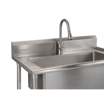 A close-up shows a stainless steel utility sink with a tall, gooseneck pull-out faucet. The sink features a raised backsplash and appears to be part of a larger unit with visible support legs.
