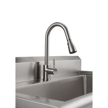 A close-up shot shows a stainless steel utility sink with a modern, curved pull-out faucet. The faucet has a single handle and a sleek, brushed metal finish.