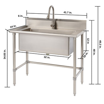A stainless steel utility sink with a faucet, accompanied by several dimension labels indicating its size 41.7 inches wide by 24 inches deep by 49.2 inches height. The sink features a raised backsplash and is supported by a frame with adjustable legs.