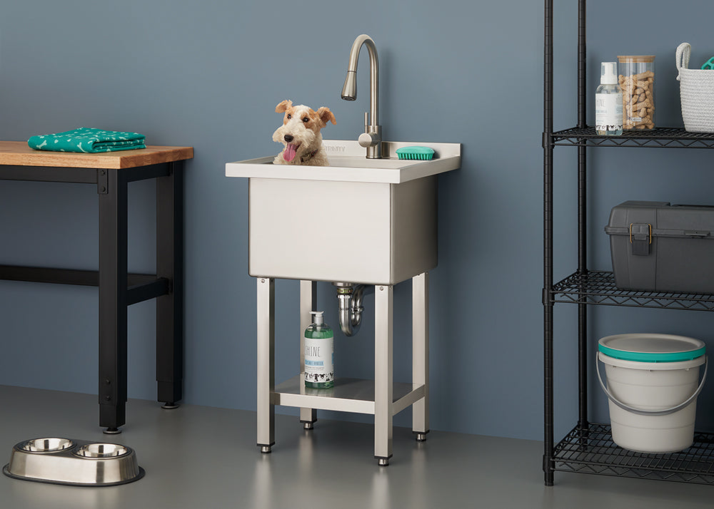 A small dog sits inside a stainless steel utility sink equipped with a high-arc faucet in a modern, gray-walled grooming area. The scene includes a wooden-top workbench, a wire shelving unit stocked with pet supplies, and a set of metal food bowls on the floor.