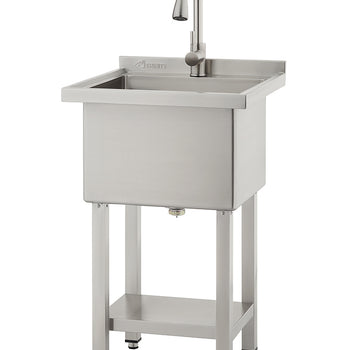 A freestanding stainless steel utility sink with a high-arc pull-down faucet and a bottom storage shelf. The industrial-style basin features the 