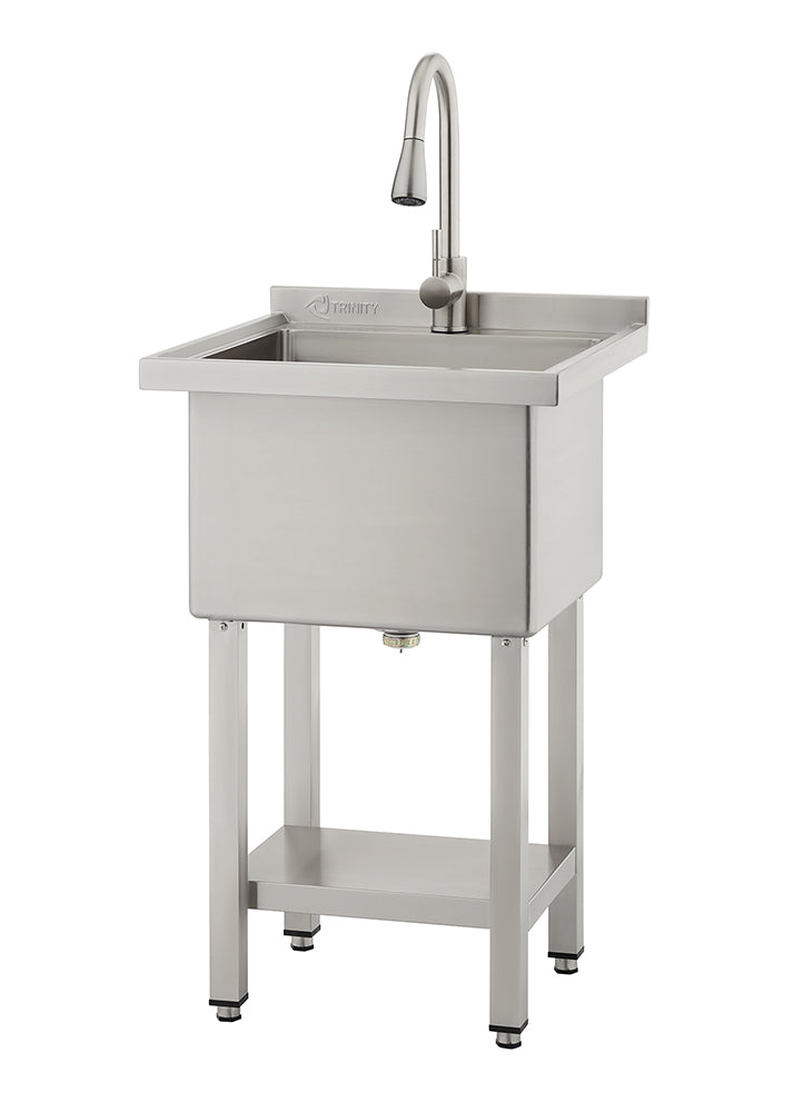 A freestanding stainless steel utility sink with a high-arc pull-down faucet and a bottom storage shelf. The industrial-style basin features the "TRINITY" logo on the backsplash and sits on four square legs with adjustable leveling feet.
