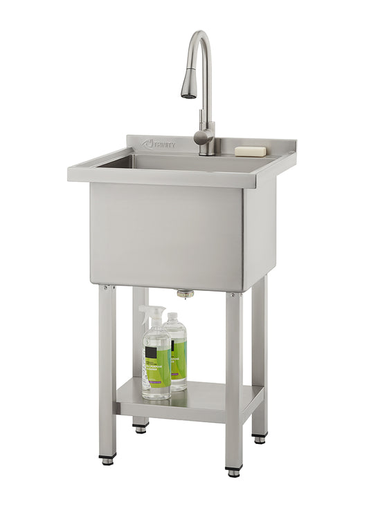 A freestanding stainless steel utility sink by Trinity features a high-arc pull-down faucet and a deep rectangular basin. The unit includes a bottom storage shelf holding cleaning supplies and stands on four adjustable legs.