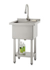 A freestanding stainless steel utility sink by Trinity features a high-arc pull-down faucet and a deep rectangular basin. The unit includes a bottom storage shelf holding cleaning supplies and stands on four adjustable legs.