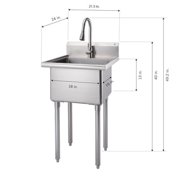 A 3D technical drawing of a stainless steel commercial sink. The drawing includes detailed dimensions, such as the overall width of 24 inches, the basin width of 18 inches, the basin depth of 16 inches, and the total height of 49.2 inches.