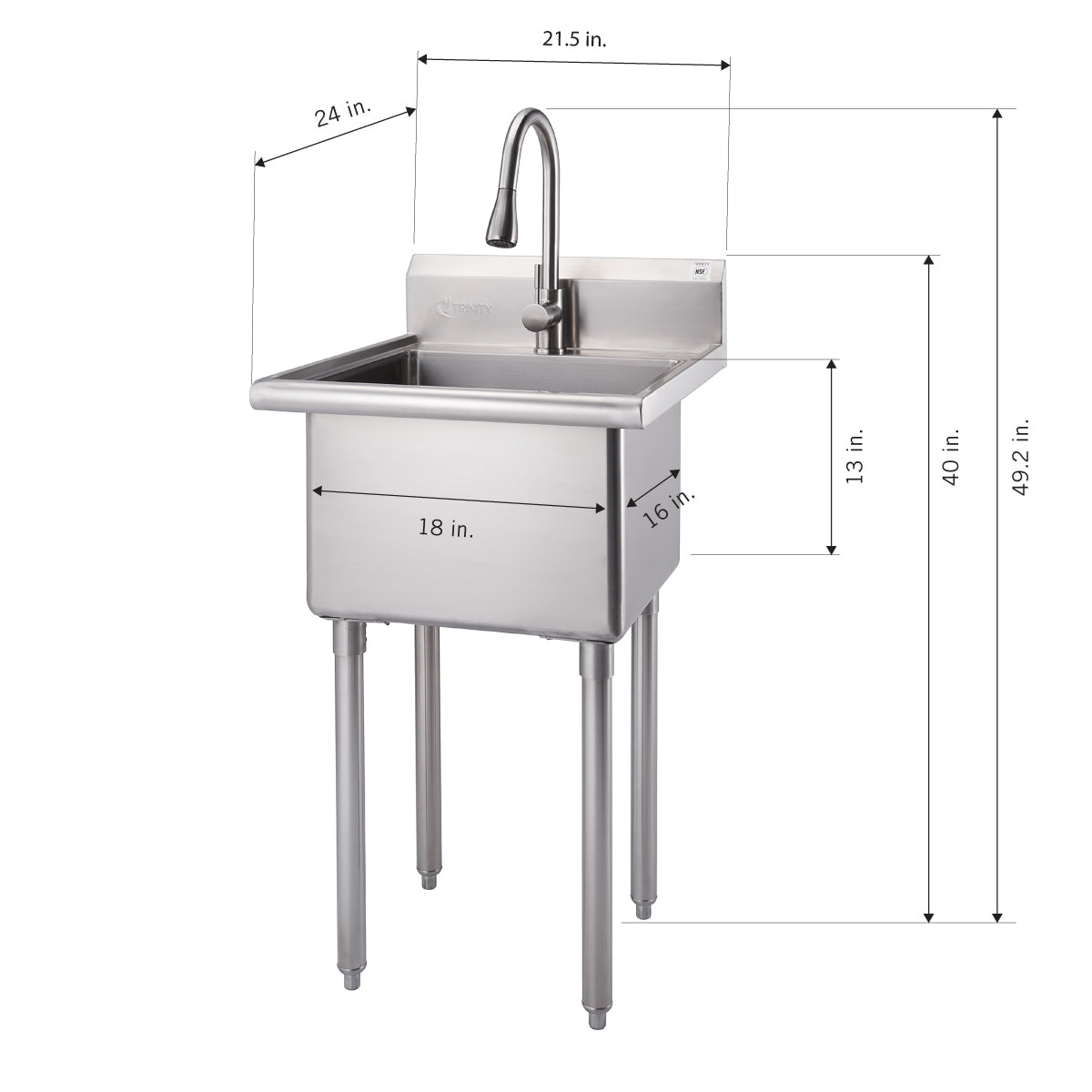 A 3D technical drawing of a stainless steel commercial sink. The drawing includes detailed dimensions, such as the overall width of 24 inches, the basin width of 18 inches, the basin depth of 16 inches, and the total height of 49.2 inches.