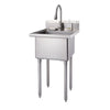 A stainless steel utility sink with a gooseneck faucet and four cylindrical legs stands on a white background. A bar of soap and a bottle of hand soap rest on the sink's ledge.