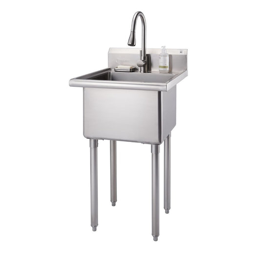 A stainless steel utility sink with a gooseneck faucet and four cylindrical legs stands on a white background. A bar of soap and a bottle of hand soap rest on the sink's ledge.