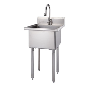 A single-basin stainless steel utility sink with a gooseneck faucet stands on four cylindrical legs against a white background. The sink has a raised backsplash and a visible drain.