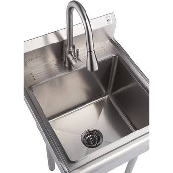 A close-up, high-angle shot shows a stainless steel utility sink with a tall, curved pull-out faucet. The square sink has rounded corners and a centered drain with a strainer, while the faucet features a single handle and a sleek, modern design.