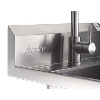 A close-up shot shows a stainless steel utility sink with a high-arc faucet. The word 